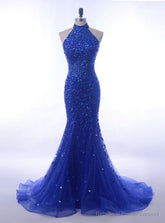 Long Royal Blue Mermaid Prom Dresses Halter For Formal Gowns